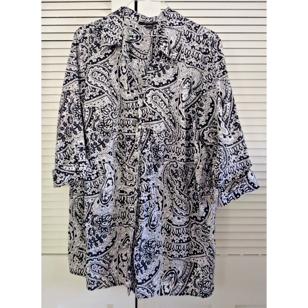 Style & Co Womens Plus 24W Black White Paisley Button Up Roll Tab Sleeve Top